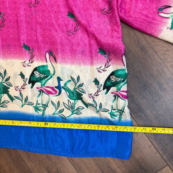 Pink Silk Wide-Leg Jumpsuit Birds Strappy One Size Boho Flowy Statement Twee - Picture 6 of 9